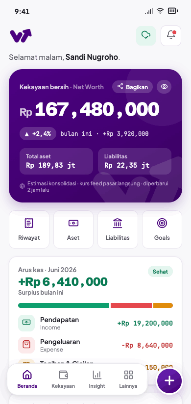 Wealthier home screen showing net worth, quick actions and monthly cash flow